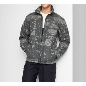 Men's French Cuff Long‎ Sleeve Shirt Jacket Original Use Gray w print Quilted M